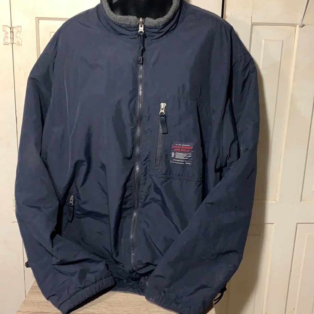 ABERCROMIE & FITCH reversible winter coat jacket wind breaker navy blue zip upXL